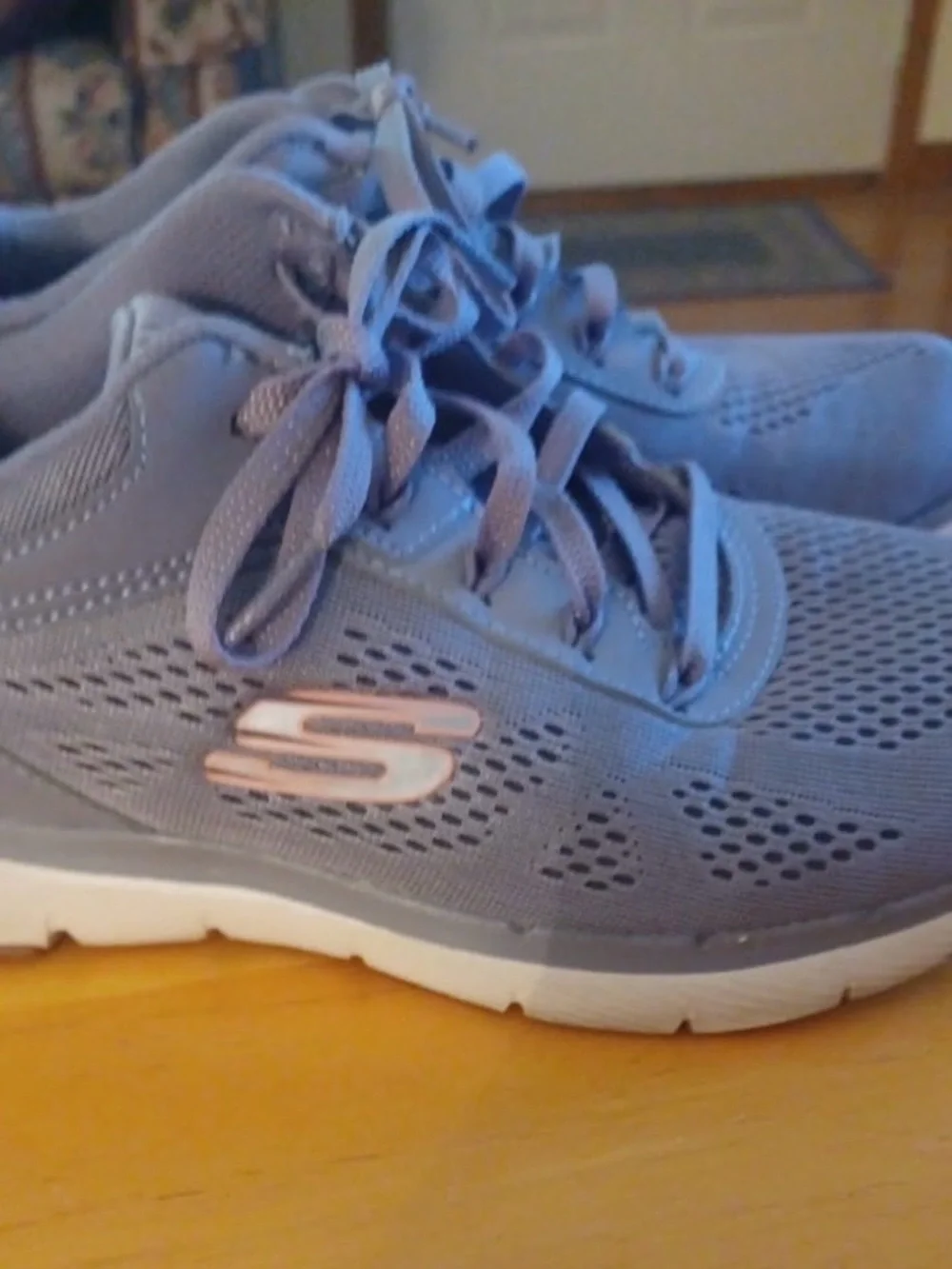 Skechers Women's Dusty Blue Lace-Up Athletic Sneakers with Pink Logo